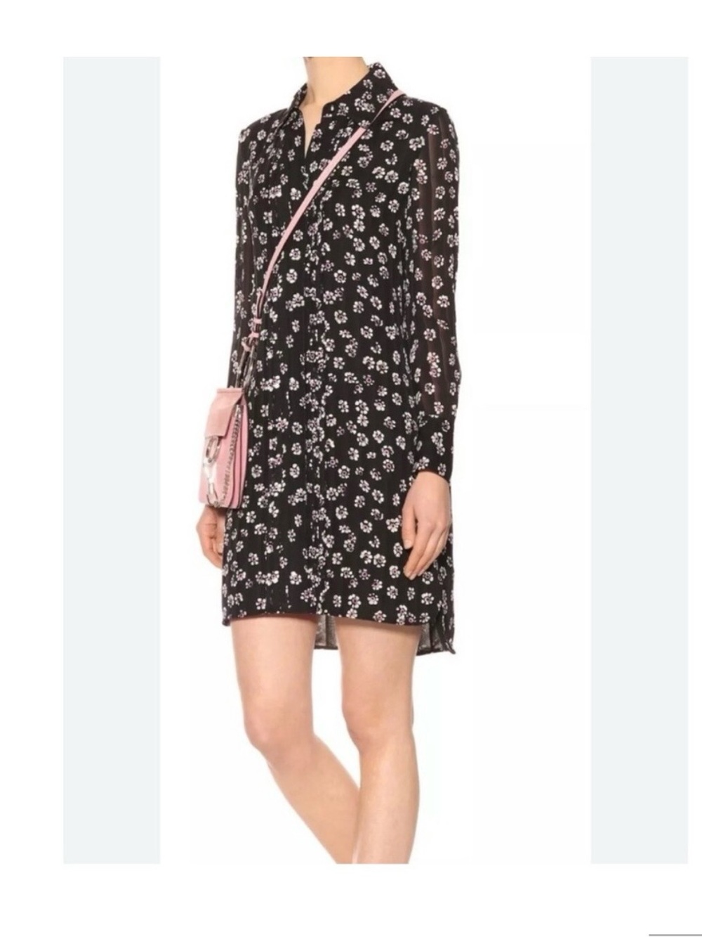 Tory Burch Black Floral Long-Sleeve Shirt Dress with Purple Accents